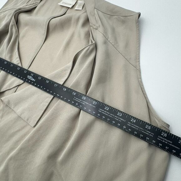 CHICO'S | 2 Large Draped Long Vest Cardigan Lightweight Tan Khaki Pockets Ruffle - Picture 10 of 12